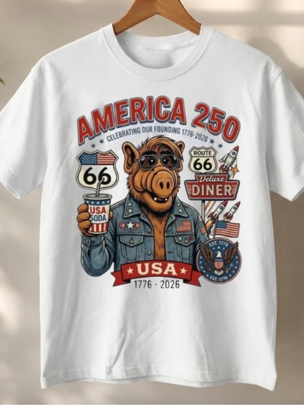 America 250 ALF USA Patriotic Graphic Tee Route 66 Shirt 20216